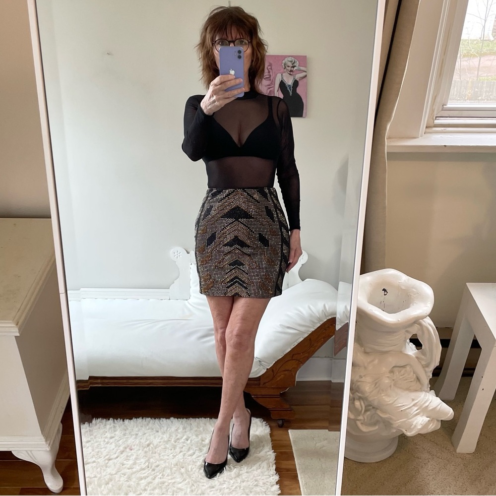 NWT BRONZE GOLD BLACK RHINESTONE METALLIC PENCIL SKIRT ROMEO JULIET COUTURE